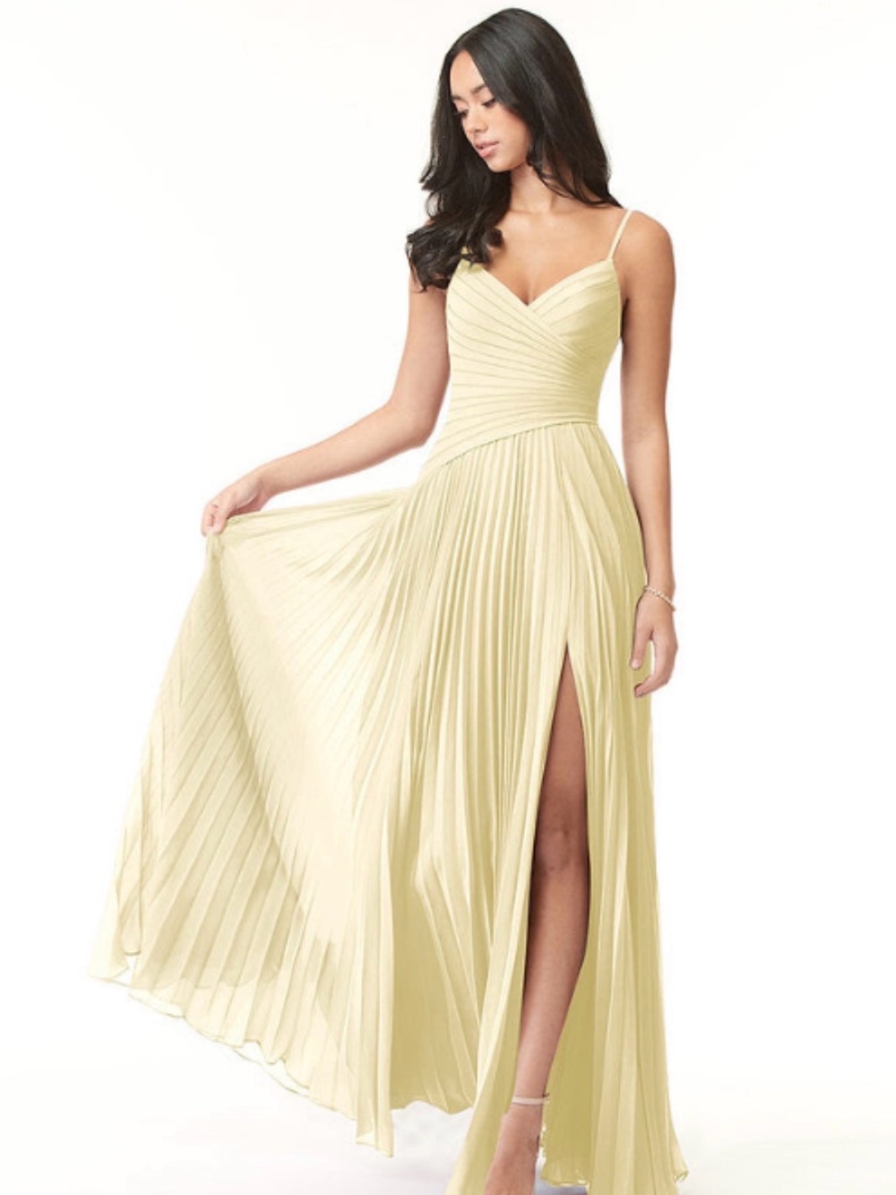 Azazie Pale Yellow Pleated Spaghetti-Strap Maxi Dress with Slit